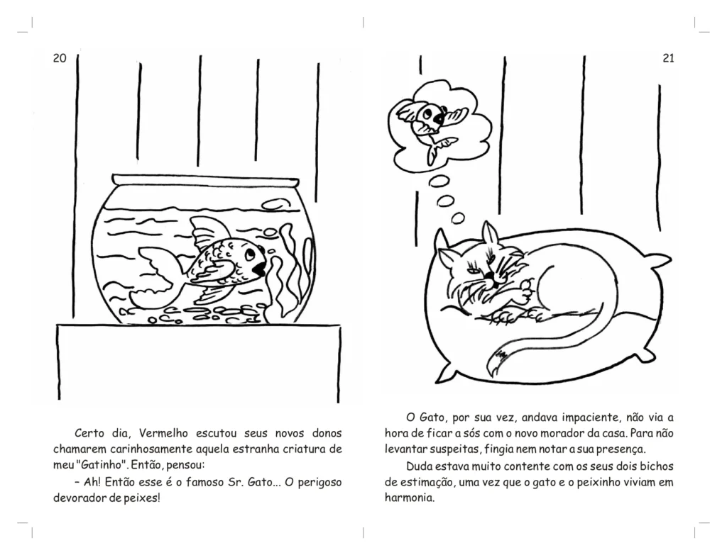 Um peixe em um aquário e um gato dormindo em uma cama.