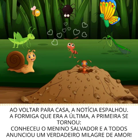 Ilustração colorida de insetos em um ambiente natural, incluindo uma formiga, uma borboleta, um caracol e outros insetos, com um fundo de vegetação.