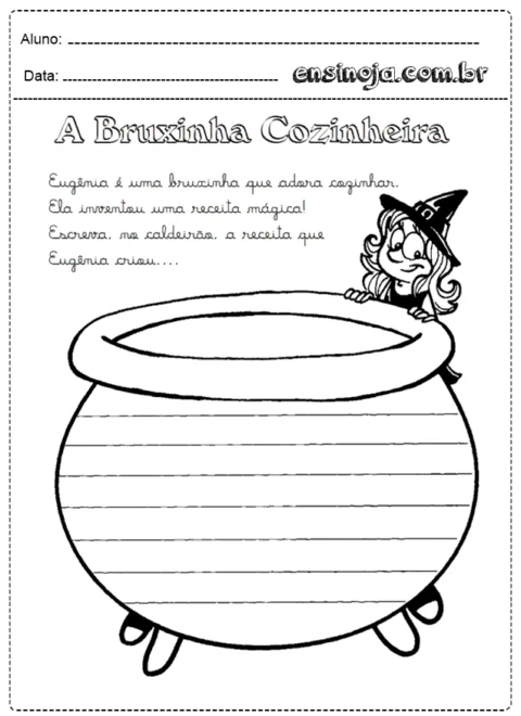 Desenho de uma bruxinha cozinhando em um caldeirão com espaço para escrever uma receita.