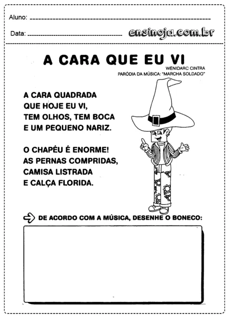 Desenho de um personagem com chapéu grande e roupas coloridas, acompanhado de uma letra de música.