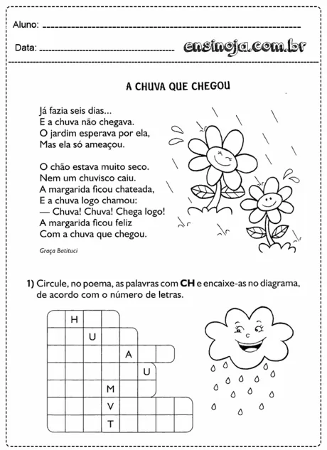 Atividade sobre a chuva com um poema e um diagrama para palavras com CH.