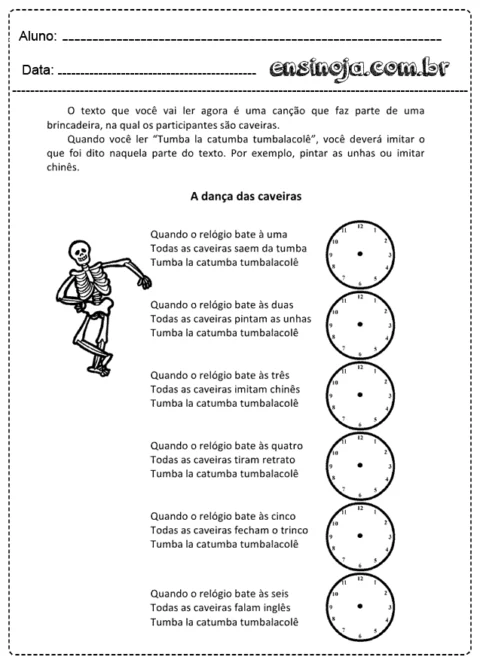 Atividade sobre a dança das caveiras com relógios e instruções.