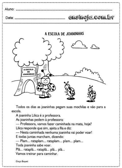 Desenho de joaninhas indo para a escola com uma professora.