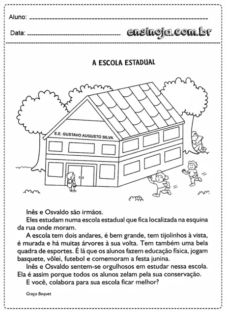 Desenho de uma escola estadual com crianças brincando ao redor.