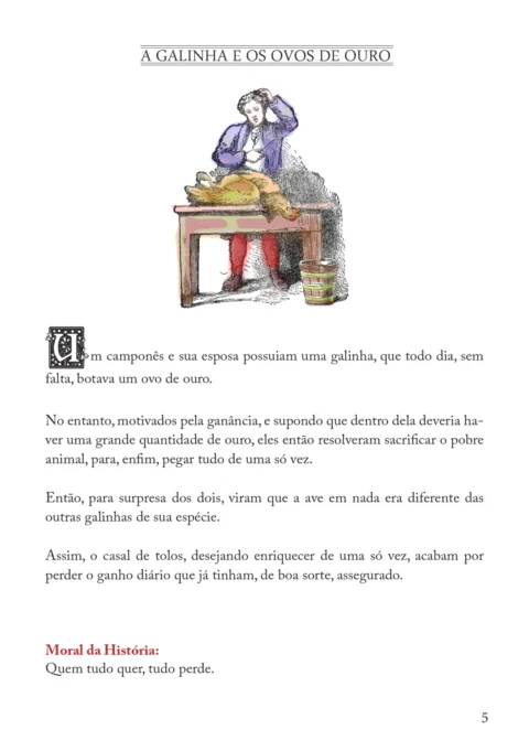 Ilustração da fábula 'A Galinha e os Ovos de Ouro' mostrando um camponês e sua esposa.