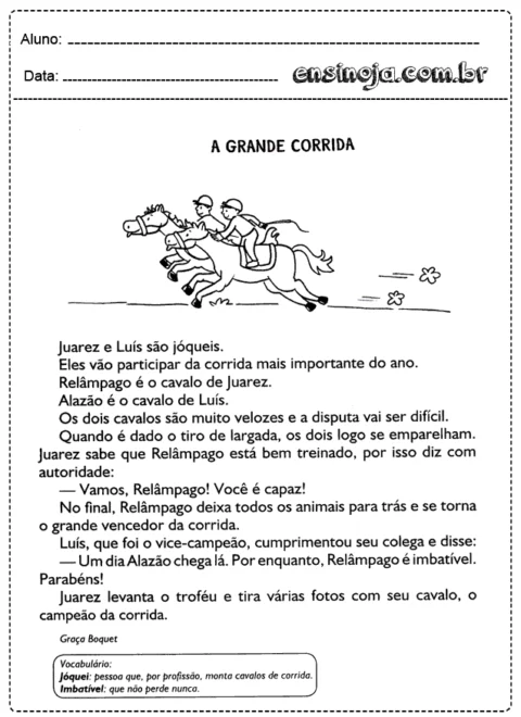 Ilustração de uma corrida de cavalos com dois jóqueis, Juarez e Luís, montando Relâmpago e Alazão.