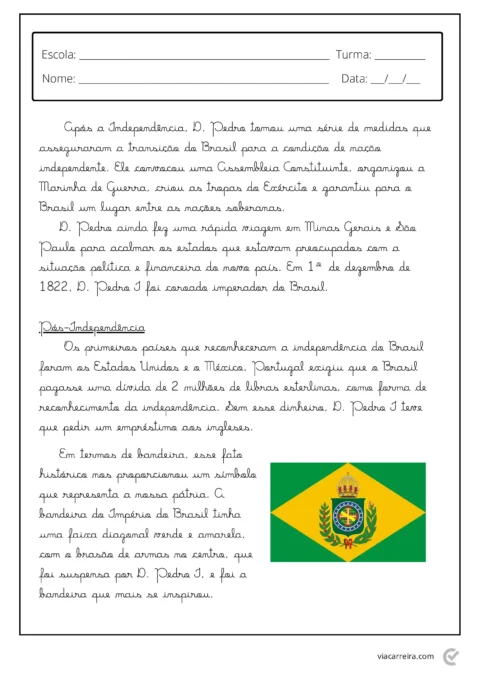 Texto sobre a Independência do Brasil com a bandeira do Brasil ao fundo.