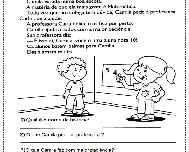 Ilustração de uma menina e um menino em sala de aula, com a menina segurando uma lousa e o menino ao lado.