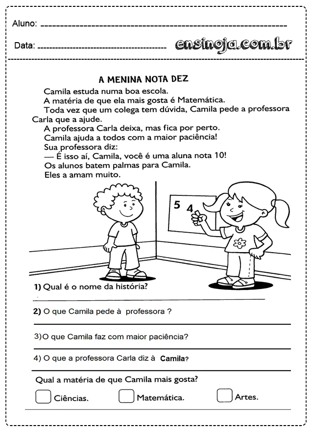 Ilustração de uma menina e um menino em sala de aula, com a menina segurando uma lousa e o menino ao lado.