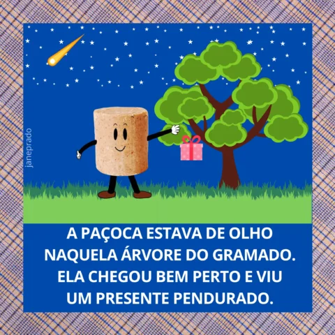 Uma paçoca com braços e pernas ao lado de uma árvore, olhando para um presente pendurado.