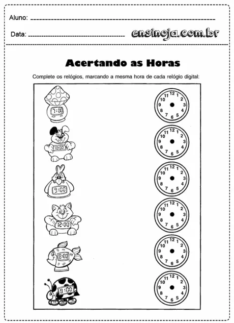 Atividade de educação infantil sobre horas com personagens e relógios.