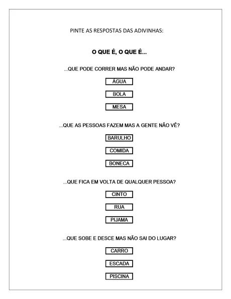 Imagem com adivinhas para crianças, onde devem ser pintadas as respostas.