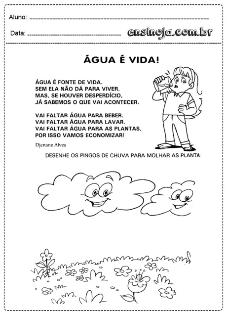 Uma criança bebendo água com nuvens sorridentes e flores ao fundo.