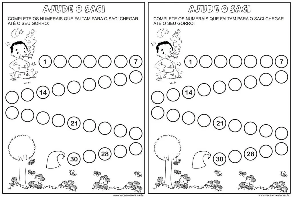 Atividade de completar os numerais que faltam para o Saci chegar até o seu gorro.