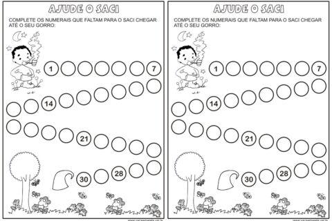 Atividade de completar os numerais que faltam para o Saci chegar até o seu gorro.