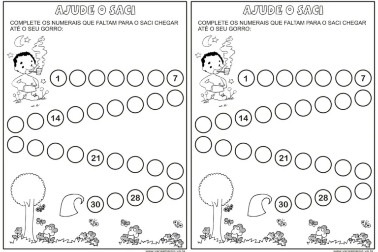 Atividade de completar os numerais que faltam para o Saci chegar até o seu gorro.