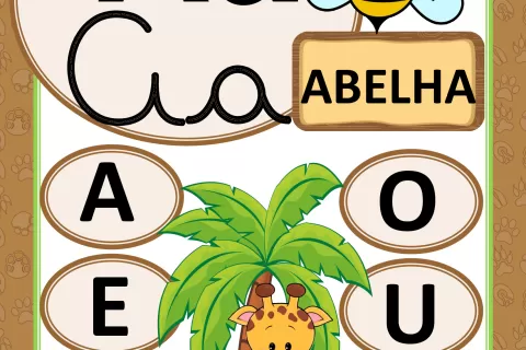 Imagem educativa do alfabeto com a letra A e a palavra abelha, acompanhada de uma girafa e uma palmeira.