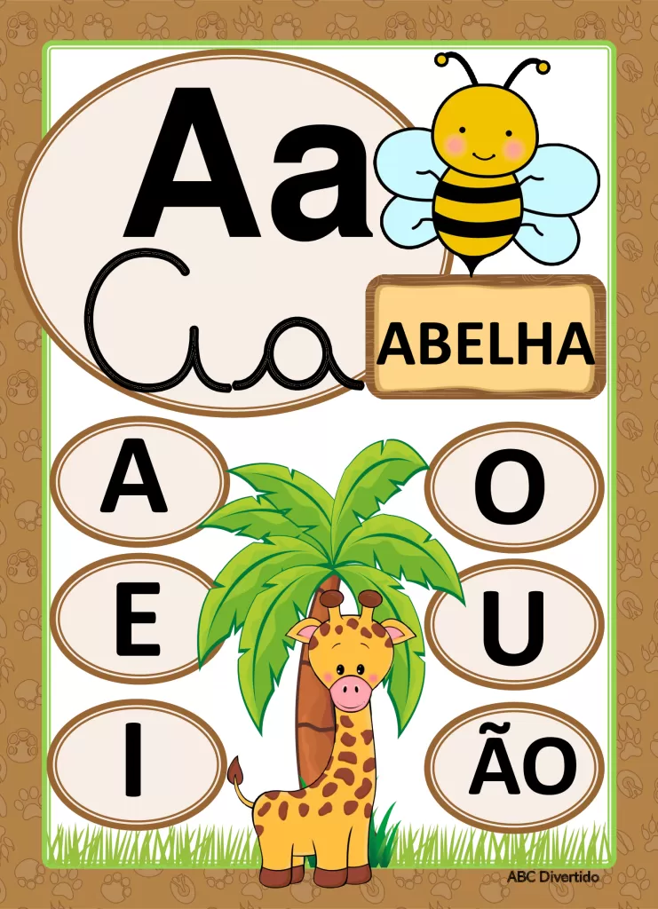 Imagem educativa do alfabeto com a letra A e a palavra abelha, acompanhada de uma girafa e uma palmeira.