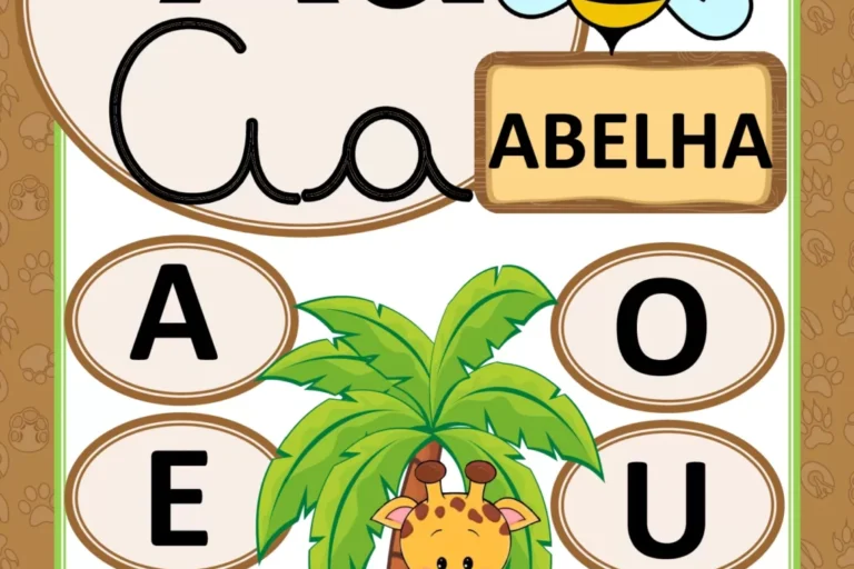 Imagem educativa do alfabeto com a letra A e a palavra abelha, acompanhada de uma girafa e uma palmeira.