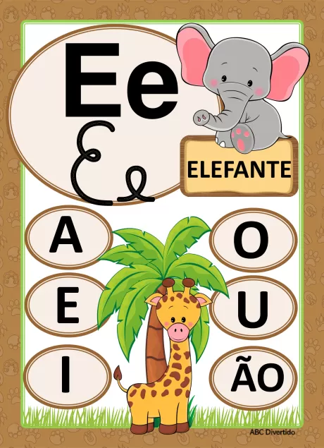 Imagem educativa do alfabeto com um elefante e uma girafa, destacando a letra E.