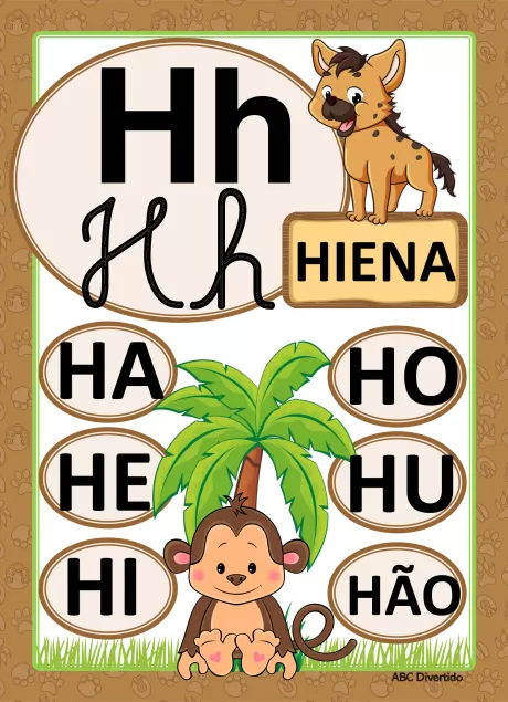 Imagem educativa com a letra H, ilustrada com uma hiena, um macaco e uma palmeira.