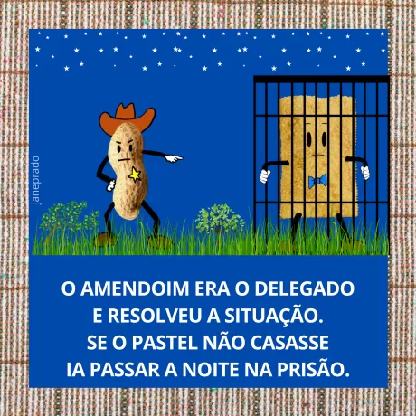 Ilustração de um amendoim vestido de delegado e um pastel preso em uma cela.