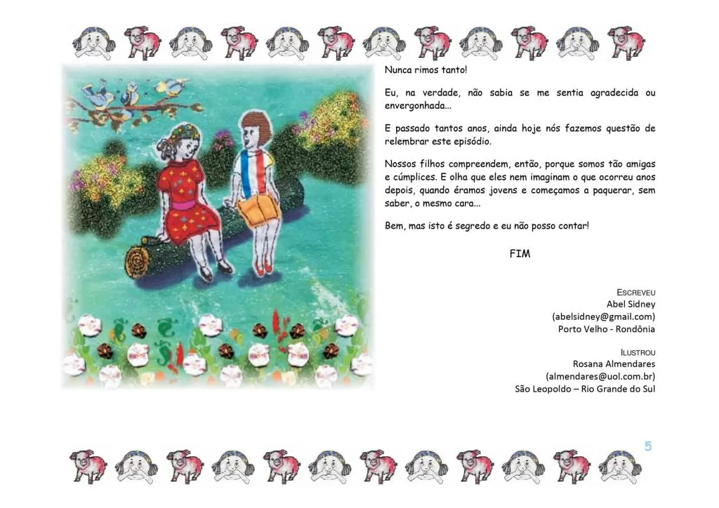 Ilustração de duas crianças sentadas em um tronco, rodeadas por flores e árvores.