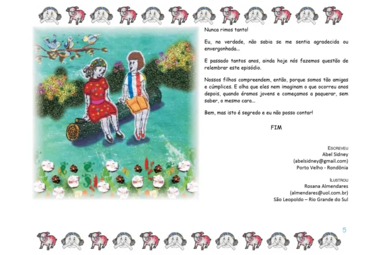 Ilustração de duas crianças sentadas em um tronco, rodeadas por flores e árvores.