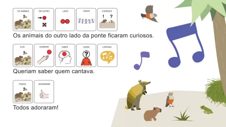 Ilustração de animais do lado de uma ponte, com símbolos de curiosidade e música.
