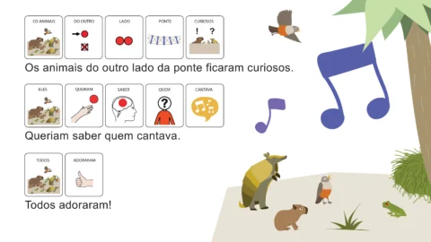 Ilustração de animais do lado de uma ponte, com símbolos de curiosidade e música.