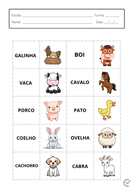 Tabela com ilustrações de animais da fazenda como galinha, boi, vaca, cavalo, porco, pato, coelho, ovelha, cachorro e cabra.