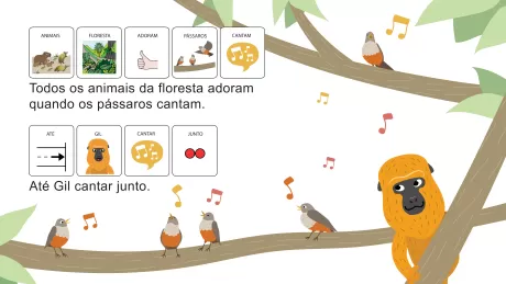 Ilustração de animais da floresta e pássaros cantando em uma árvore.