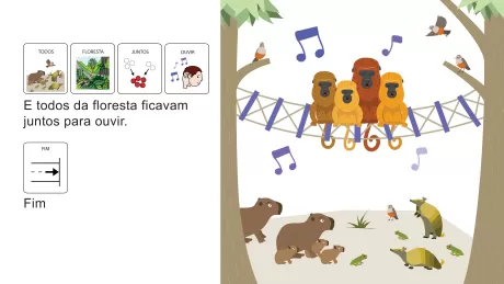 Ilustração de animais da floresta reunidos para ouvir música, incluindo macacos, pássaros e outros animais.