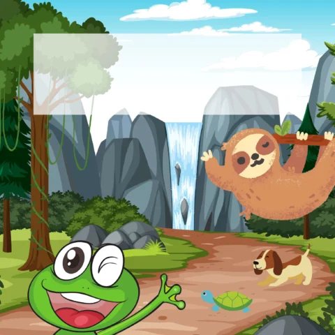 Animais da floresta se divertindo em um ambiente natural.