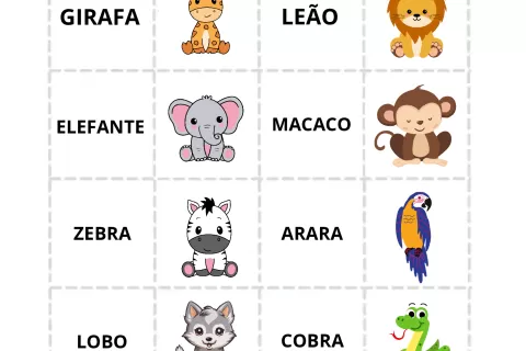 Cartela com imagens de animais como girafa, leão, elefante, macaco, zebra, arara, lobo, cobra, jacaré e tatu.