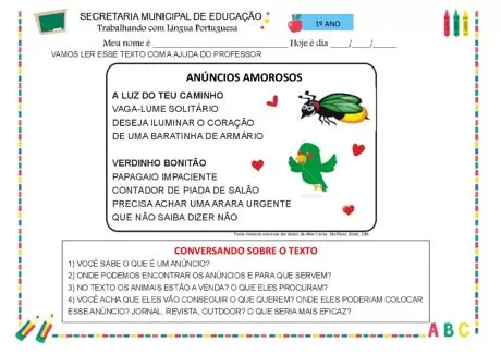 Texto com anúncios amorosos e perguntas sobre o texto para alunos do 1º ano.