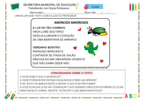 Texto com anúncios amorosos e perguntas sobre o texto para alunos do 1º ano.