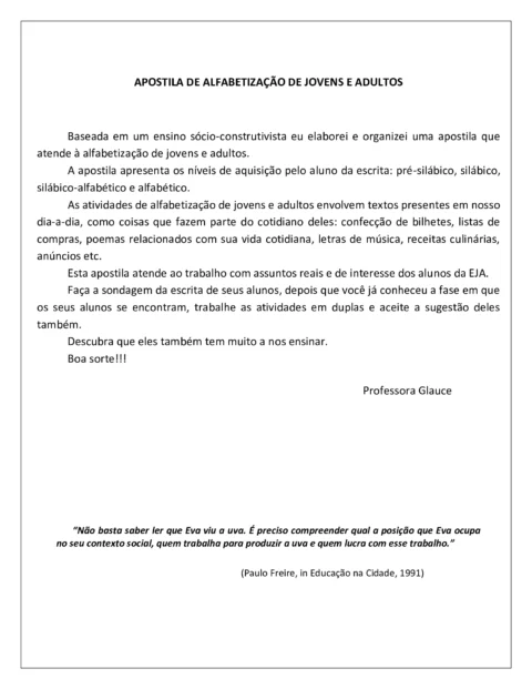 Apostila de alfabetização com informações sobre o ensino de jovens e adultos.