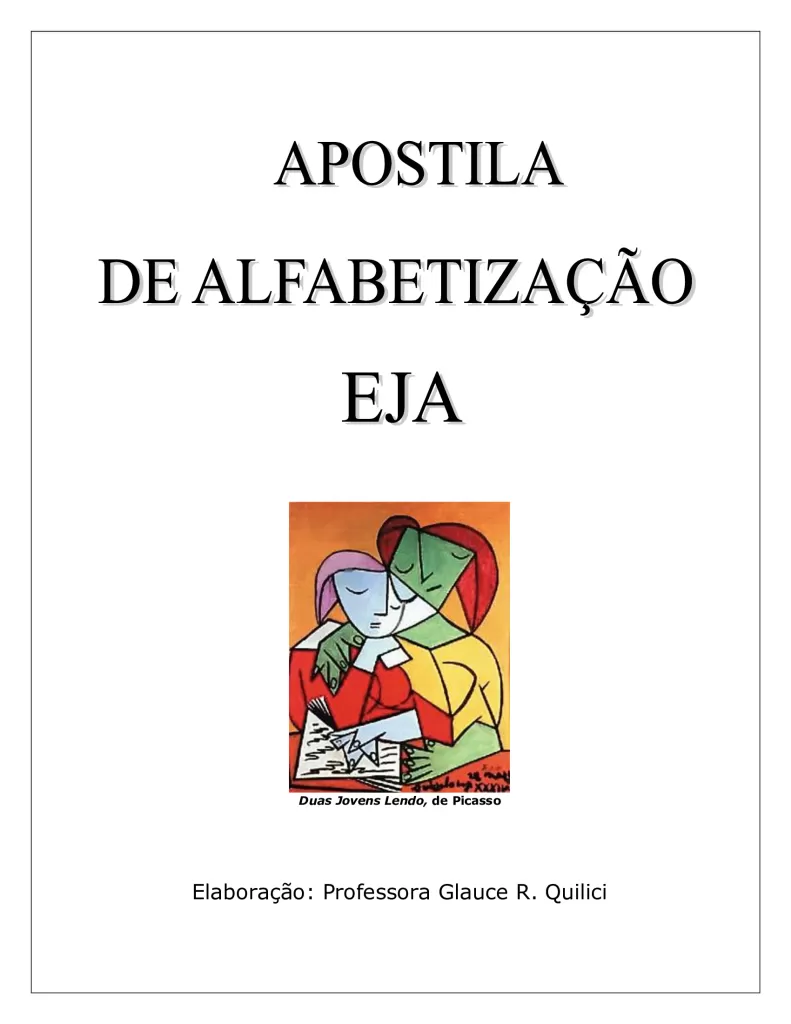 Capa da apostila de alfabetização EJA com ilustração de duas figuras humanas em estilo cubista.