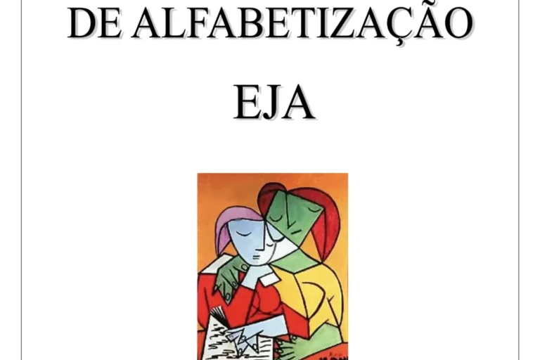 Capa da apostila de alfabetização EJA com ilustração de duas figuras humanas em estilo cubista.