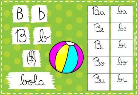 Atividade educativa sobre a letra B com exemplos e uma bola colorida.