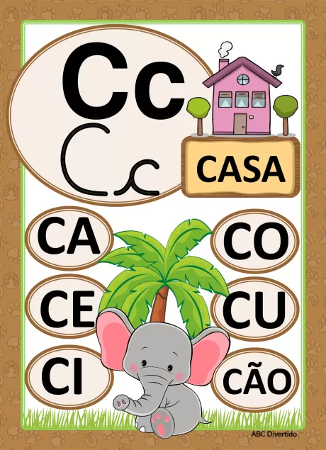 Imagem educativa com a letra C, palavras associadas e um elefante fofo.