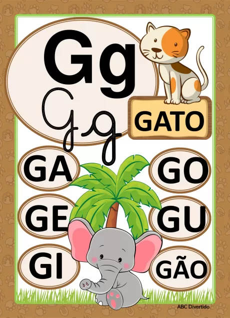 Imagem educativa com a letra G, ilustrada com um gato, uma palmeira e um elefante, mostrando palavras que começam com G.