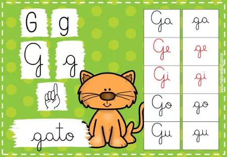 Imagem educativa com a letra G em maiúscula e minúscula, acompanhada de um gato.