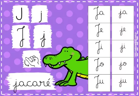 Imagem educativa com a letra J em diferentes formas e a palavra jacaré.