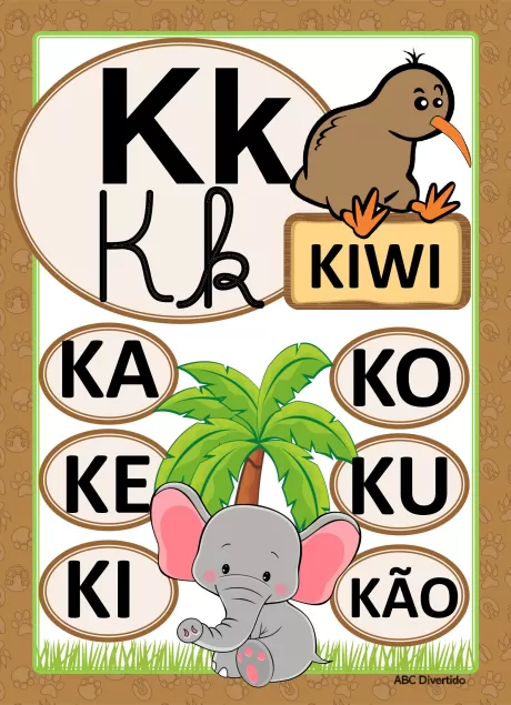 Imagem educativa com a letra K, um kiwi e um elefante.