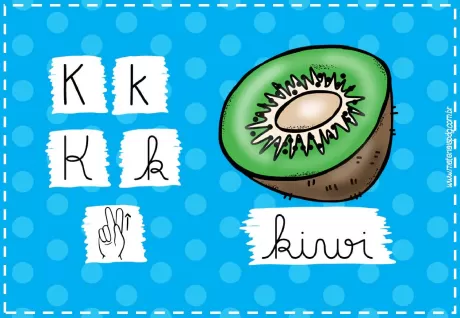 Ilustração de um kiwi com a letra K em diferentes formatos.