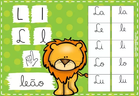 Imagem educativa com a letra L, um leão e exemplos de sílabas.