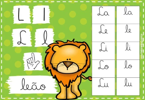 Imagem educativa com a letra L, um leão e exemplos de sílabas.
