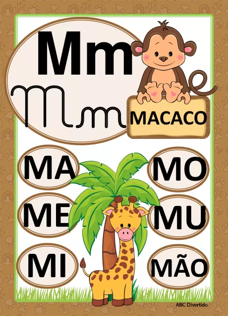 Imagem educativa com a letra M, um macaco e uma girafa.